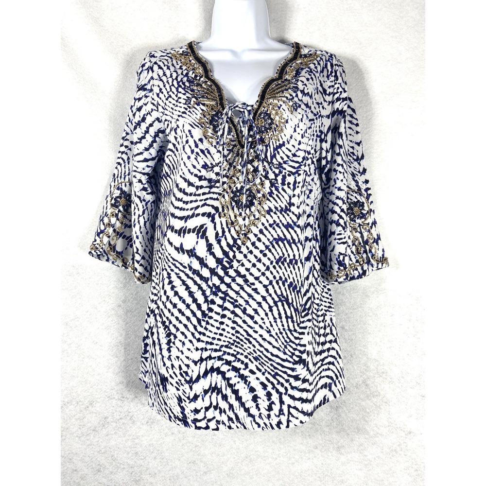 Soft Surroundings Top Womens Petite XS Blue White V-Neck Beaded Tunic 3/4 Sleeve